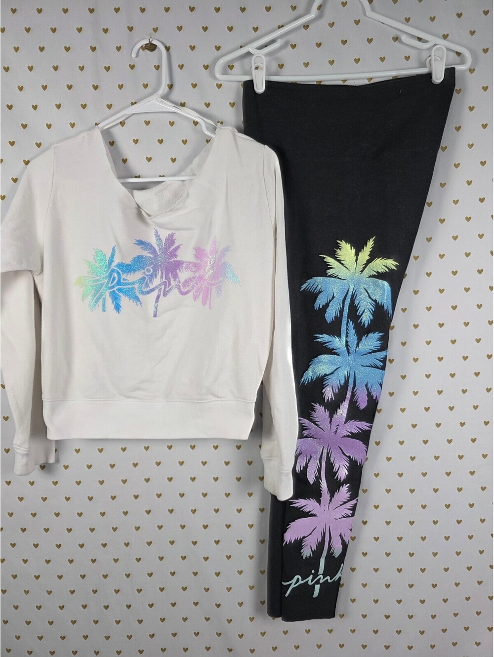 Victorias Secret PINK 2PC SET Glitter Palm Bling Yoga Pants Slouchy Sweater MED